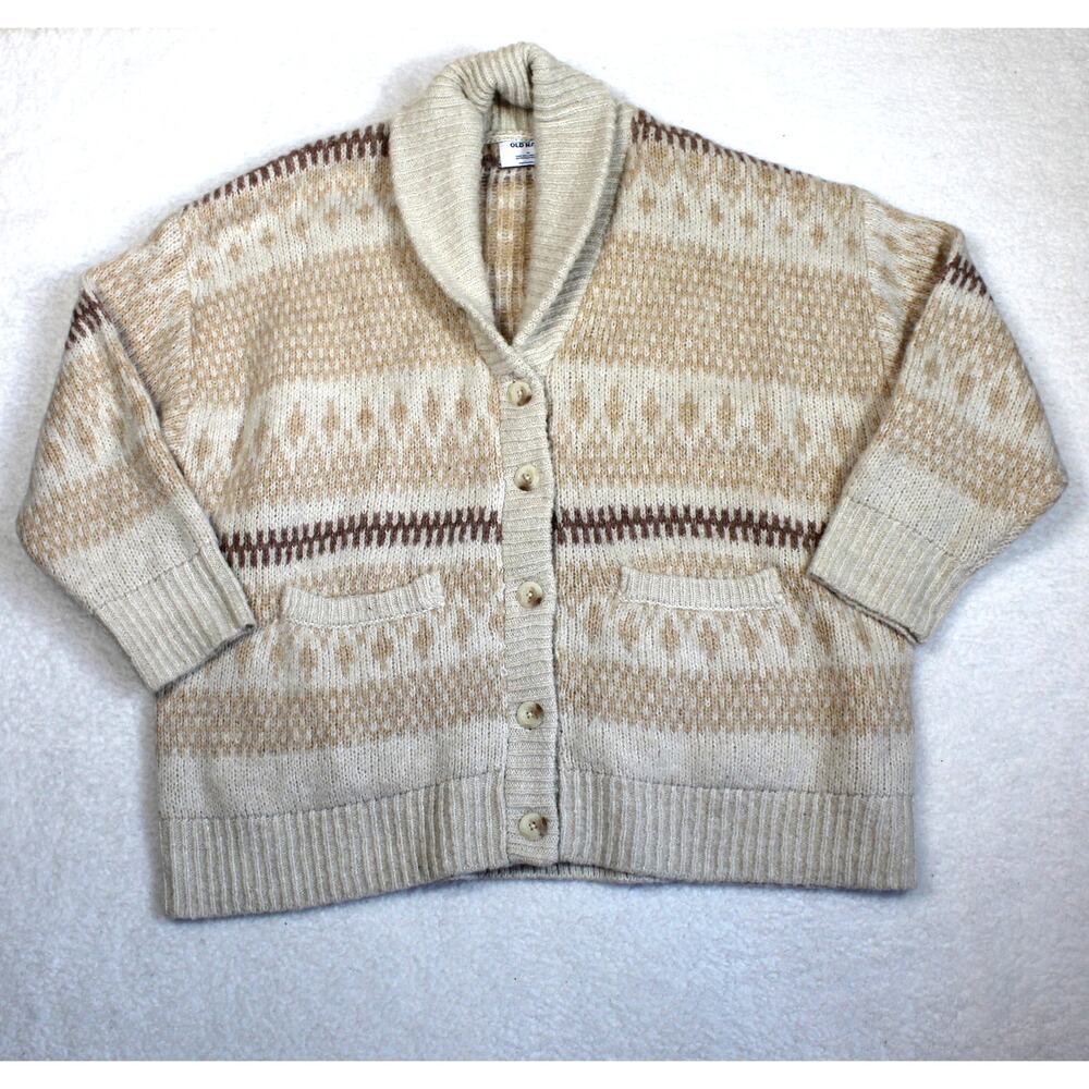 Fair Isle Chunky Cardigan Sweater Mens XL Beige Brown Preppy Coastal Old Navy - Picture 2 of 5